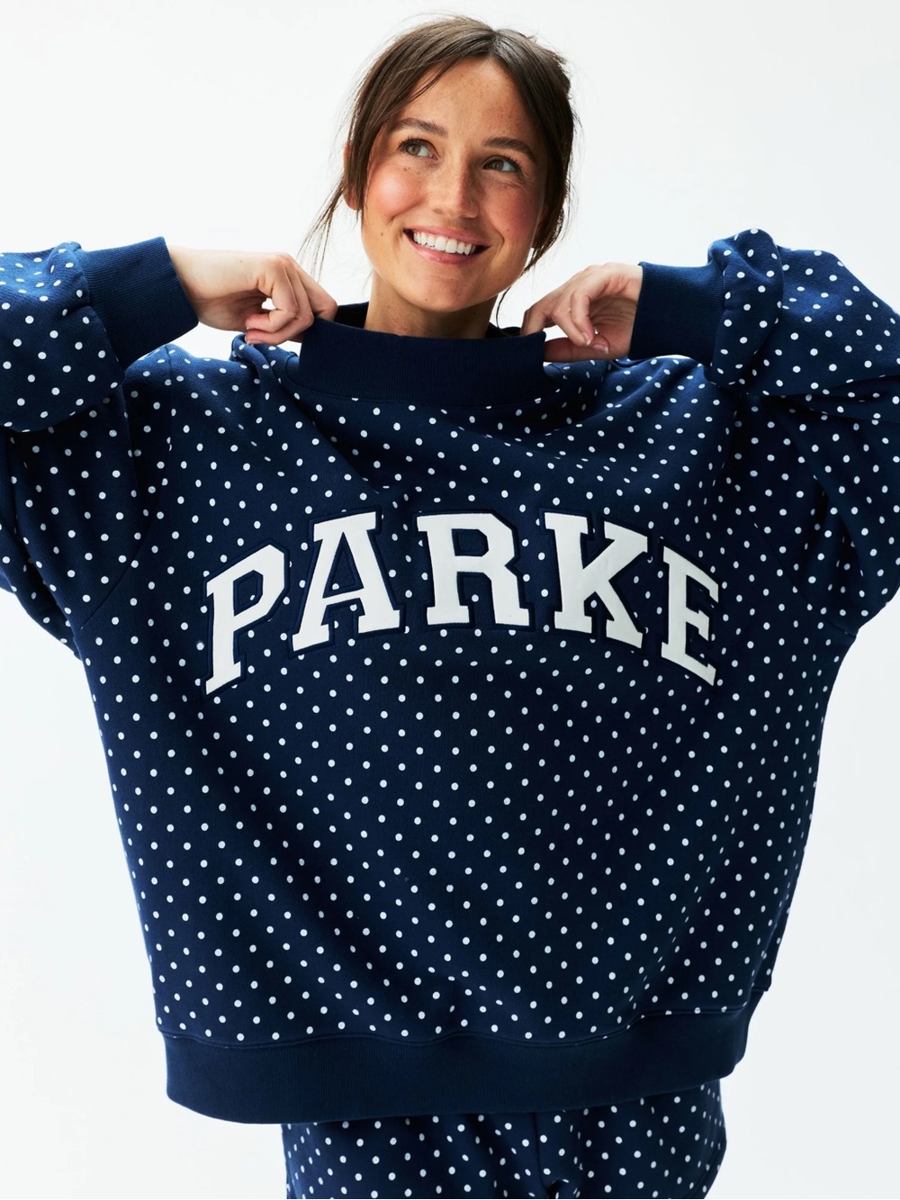 CHEAPER ON MY DEPOP: ANNIEANDABBY Navy Polka Dot Mockneck Sweatshirt